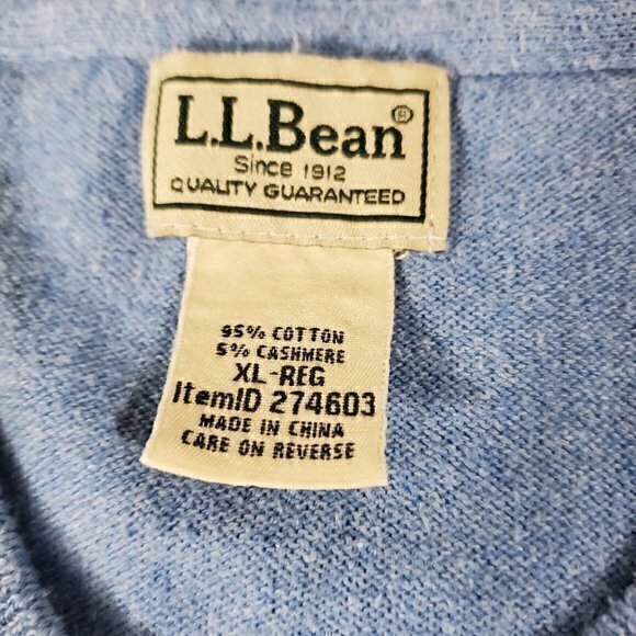 L.L. Bean Mens XL - REG Cotton, Cashmere Blend V-Neck Periwinkle Blue Sweater - Picture 4 of 4